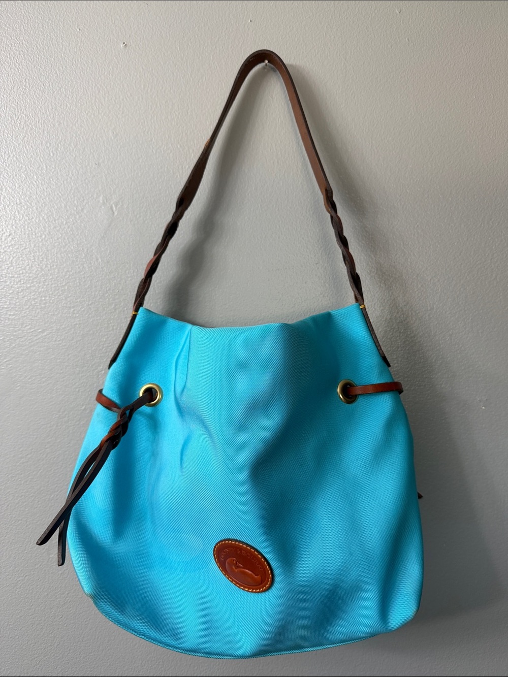 Dooney & Bourke Turquoise Canvas Hobo with Brown Leather Trim - Picture 2 of 9